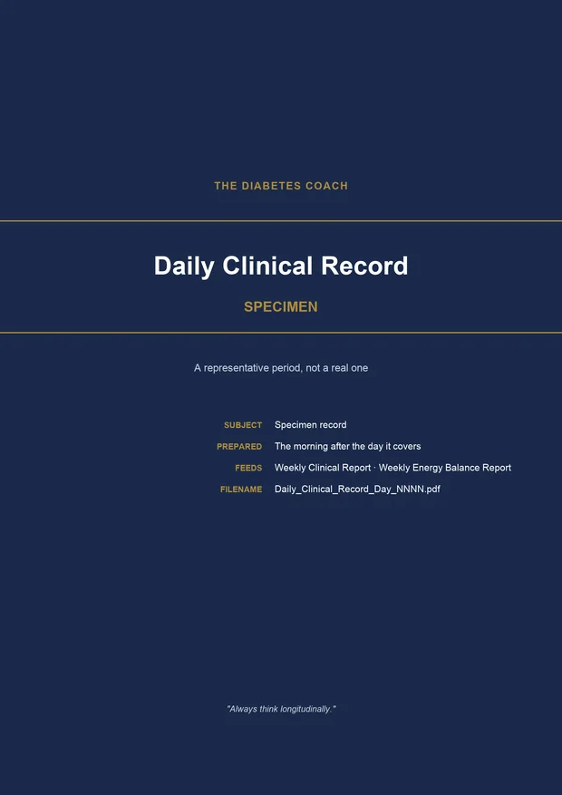 The cover of a Daily Clinical Record: a navy page ruled in gold, headed The Diabetes Coach, marked SPECIMEN