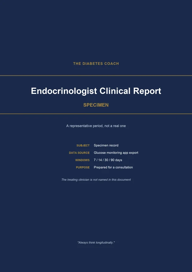 The cover of an Endocrinologist Clinical Report: a navy page ruled in gold, marked SPECIMEN