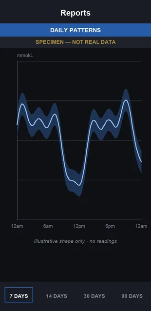 A phone showing the glucose app&rsquo;s daily-patterns view, drawn as a specimen: the app&rsquo;s own furniture around an illustrative curve carrying no readings