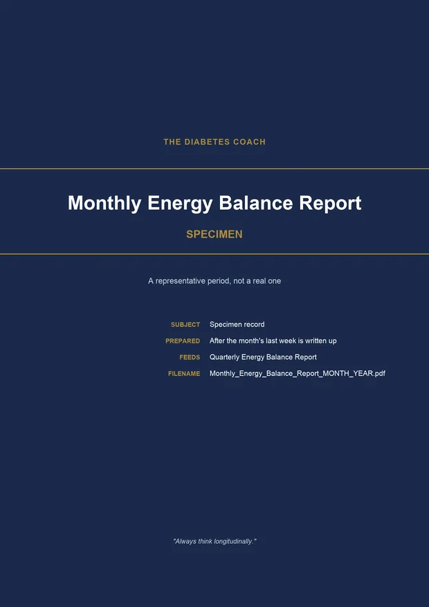 The cover of a Monthly Energy Balance Report: a navy page ruled in gold, marked SPECIMEN