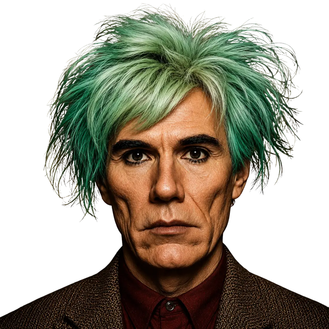 A portrait from the studio: an artist with wild sea-green hair and a tweed jacket, cut out against the dark