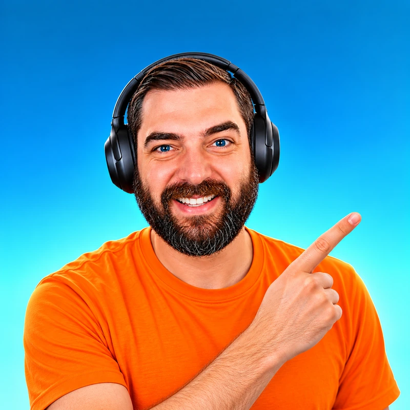 A portrait from the studio: a bearded man in headphones and an orange shirt, pointing