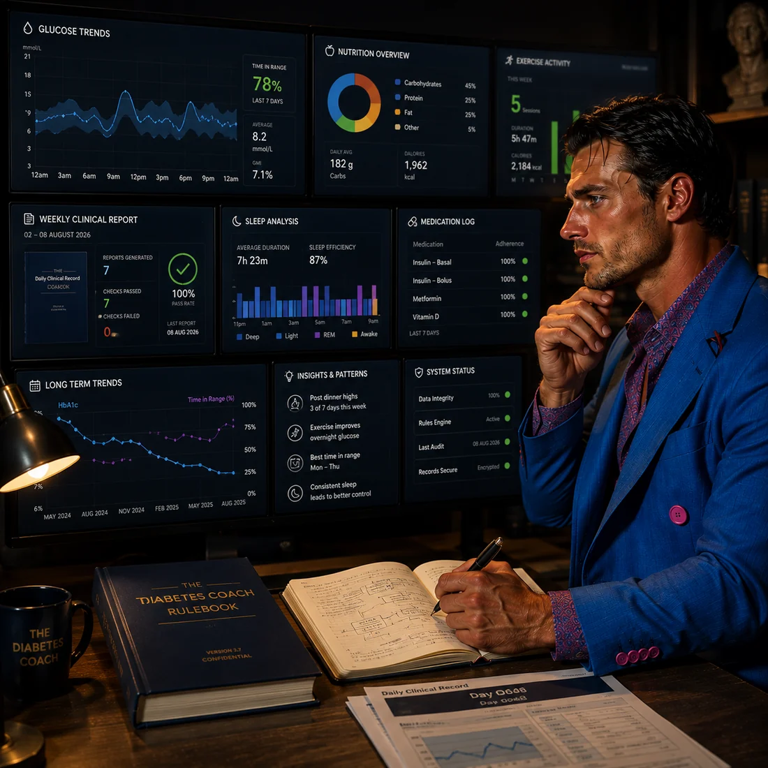 A desk at night: a wall of dashboards above a bound rulebook, an open notebook of hand-drawn logic, and the day&rsquo;s printed record