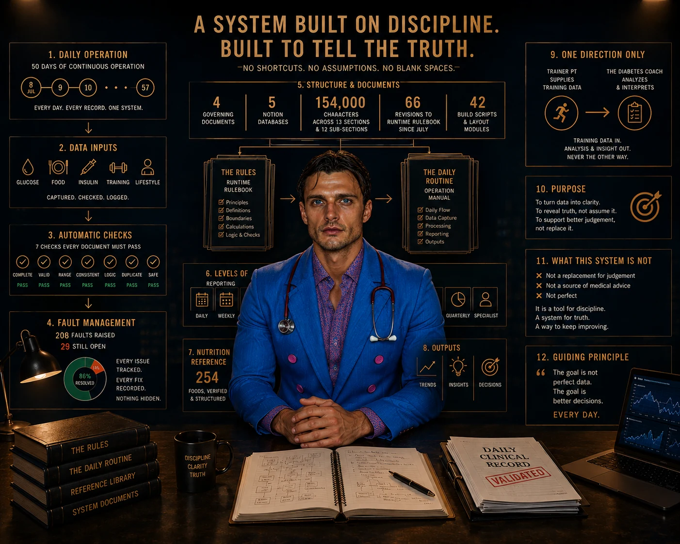 The whole system set out on one board &mdash; daily operation, data inputs, automatic checks, fault management, the rules and the routine, and what the system is not