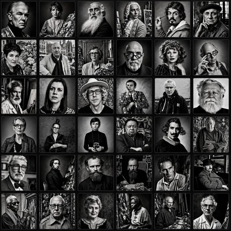 Thirty-six painters, sculptors and photographers in black and white, six rows of six, each at work or looking straight out.