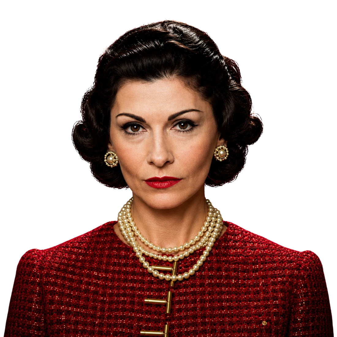 A portrait from the studio: a woman in a red braided tweed jacket and three ropes of pearls, cut out against the dark