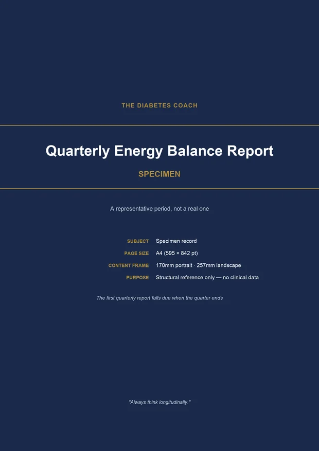 The cover of the Quarterly Energy Balance Report template: a navy page ruled in gold, structural reference only