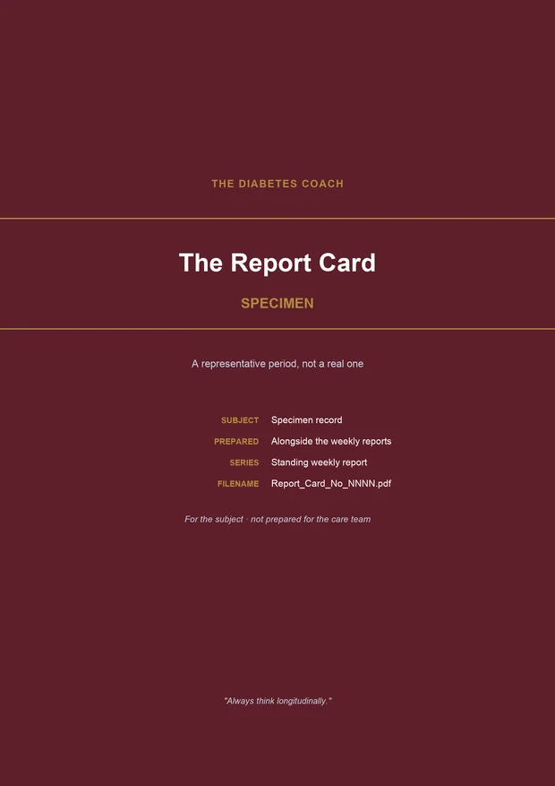 The cover of The Report Card: a deep red page ruled in gold, marked SPECIMEN