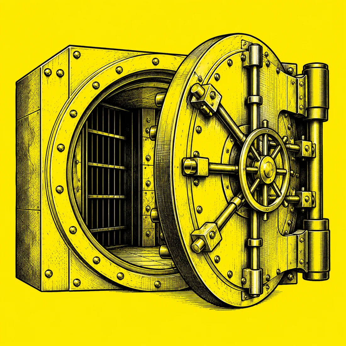 A bank vault door drawn as an engraving in black on bright yellow, standing open on an empty strongroom.