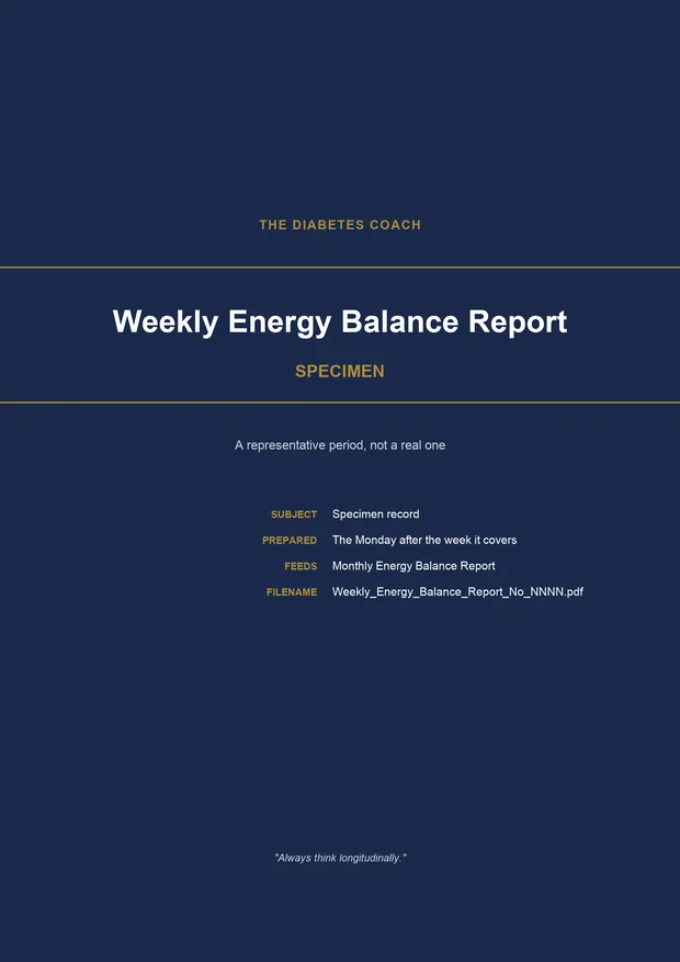 The cover of a Weekly Energy Balance Report: a navy page ruled in gold, marked SPECIMEN